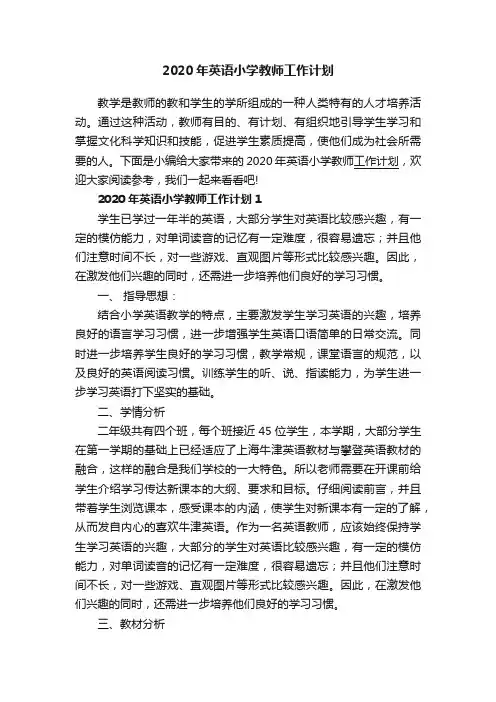 2020年英语小学教师工作计划