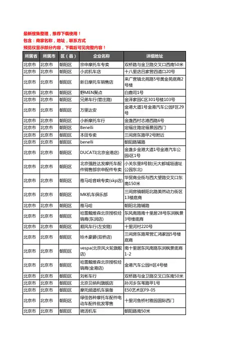 新版北京市北京市朝阳区摩托车企业公司商家户名录单联系方式地址大全102家