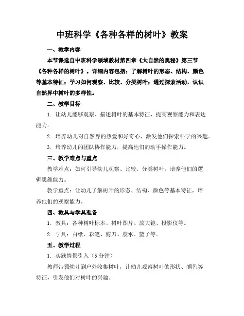 中班科学《各种各样的树叶》教案