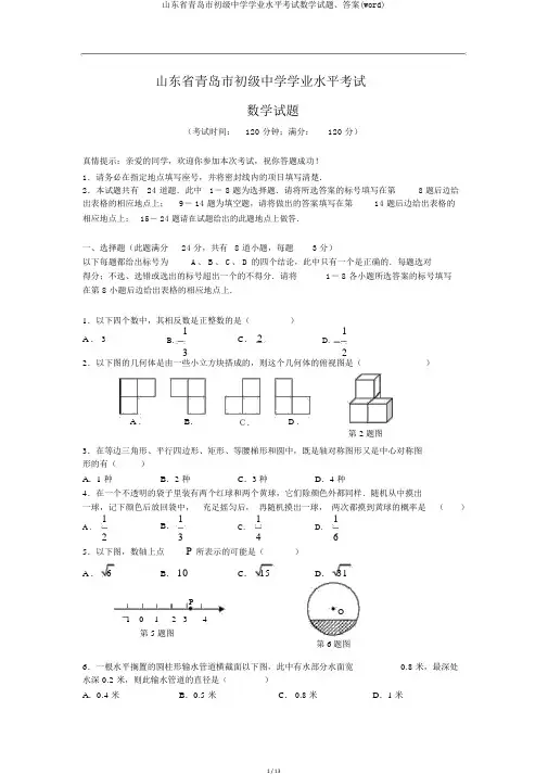 山东省青岛市初级中学学业水平考试数学试题、答案(word)
