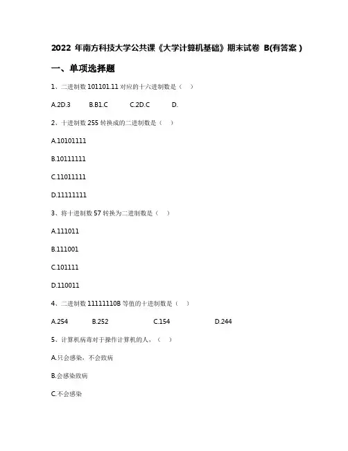 2022年南方科技大学公共课《大学计算机基础》期末试卷B(有答案)