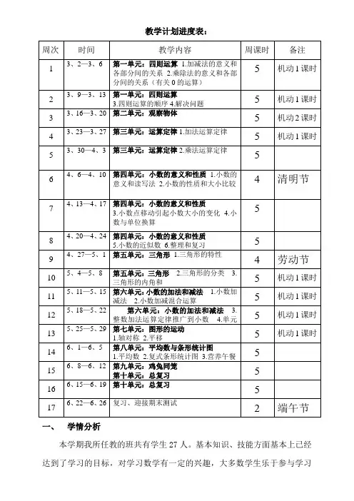 最新2014-2015下四年级数学教学进度表