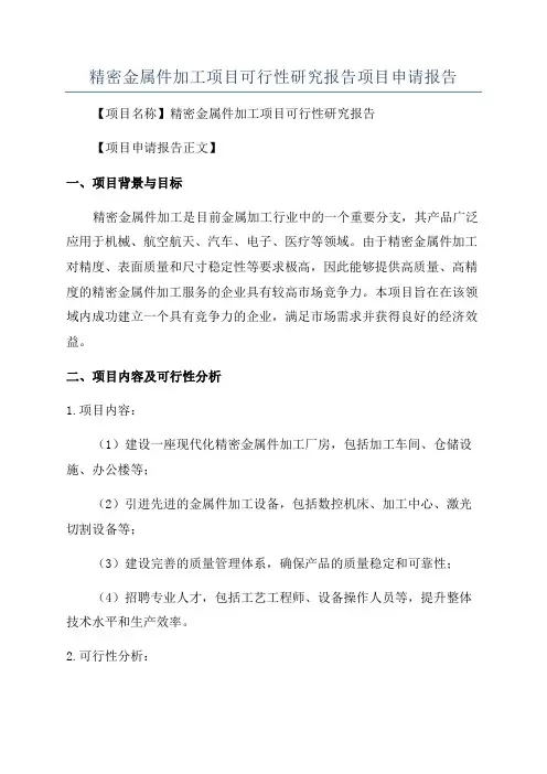 精密金属件加工项目可行性研究报告项目申请报告