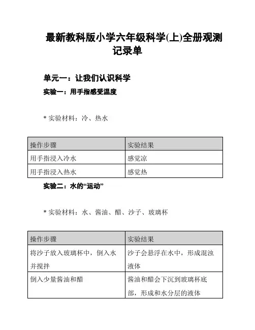 最新教科版小学六年级科学(上)全册观测记录单