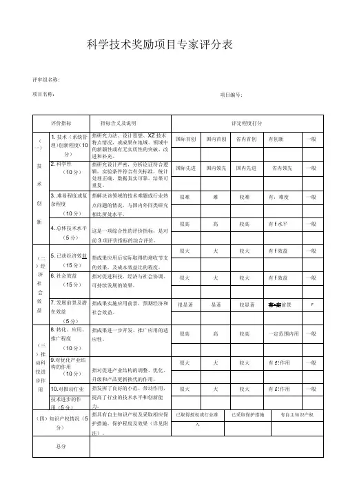 科学技术奖励项目专家评分表