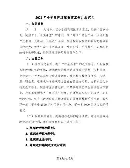 2024年小学教师继续教育工作计划范文（五篇）