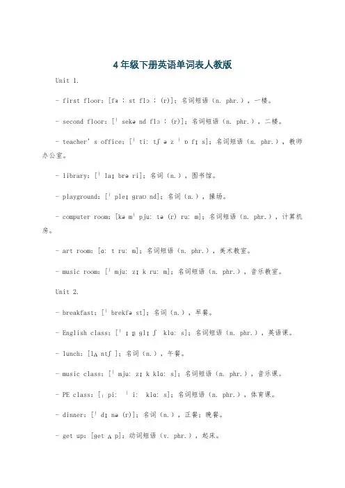 4年级下册英语单词表人教版