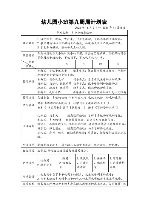 幼儿园小班第九周周计划表