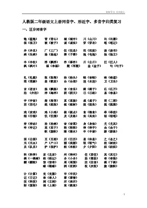 人教版二年级语文上册同音字、形近字、多音字归类复习