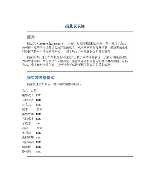 损益表表格