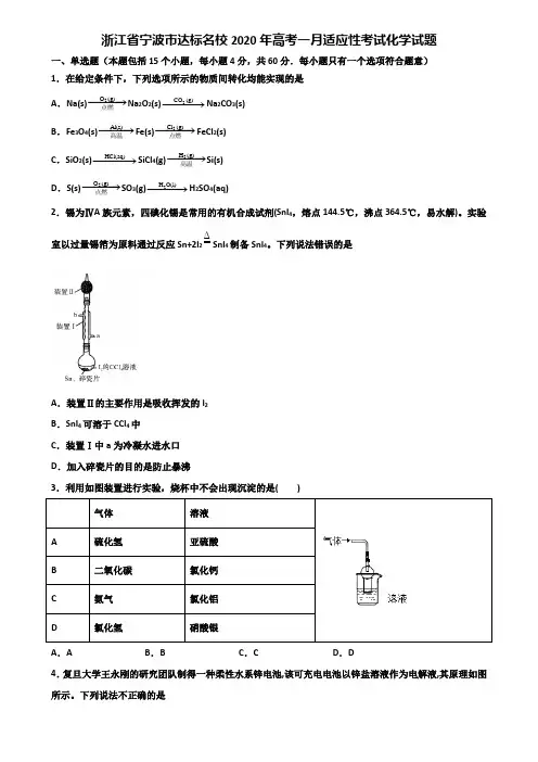 浙江省宁波市达标名校2020年高考一月适应性考试化学试题含解析