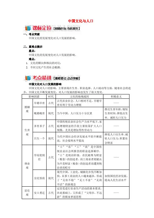 2018-2019学年高中地理 第一章 人口与环境 第四节 地域文化与人口 中国文化与人口学案 湘教版必修2