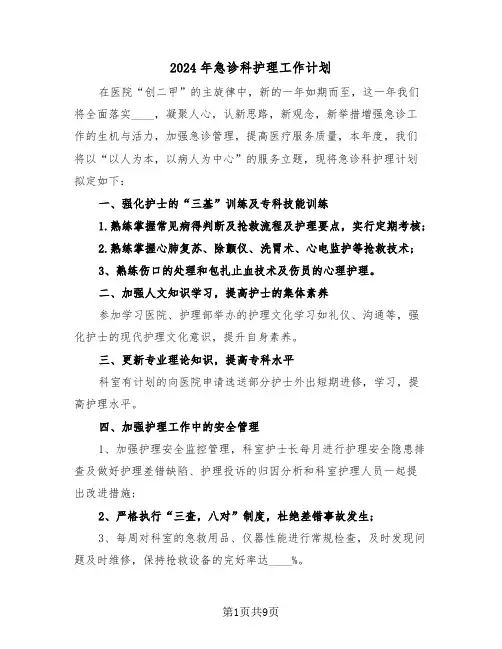 2024年急诊科护理工作计划（五篇）