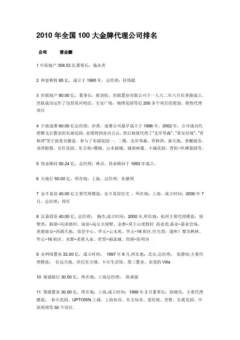 2010年全国100大金牌代理公司排名