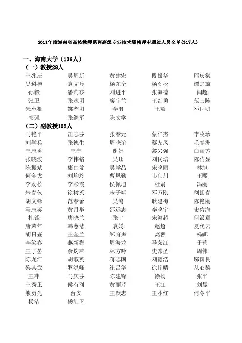 2011年度海南省高校教师系列高级专业技术资格(职称)评审通过人员名单