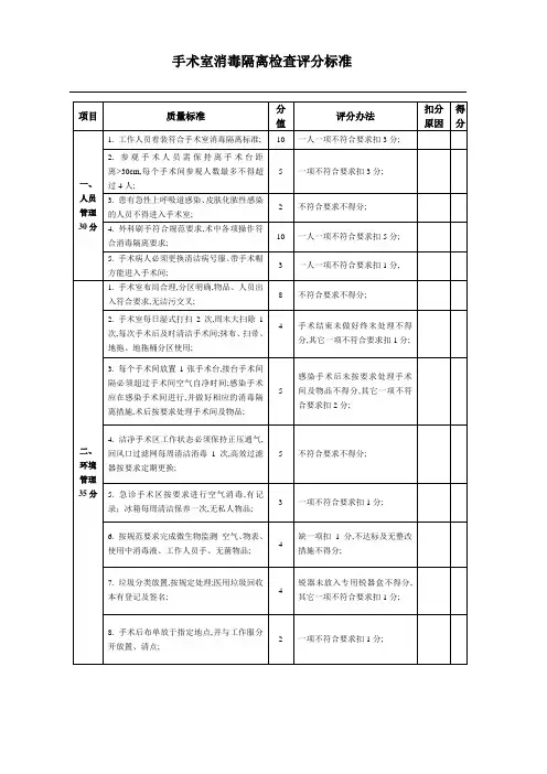 手术室消毒隔离检查评分标准