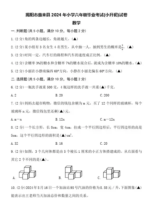 揭阳市惠来县2024年小学六年级毕业考试(小升初)数学试卷附详细答案