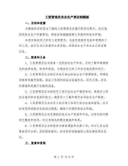 工资管理员安全生产责任制模版