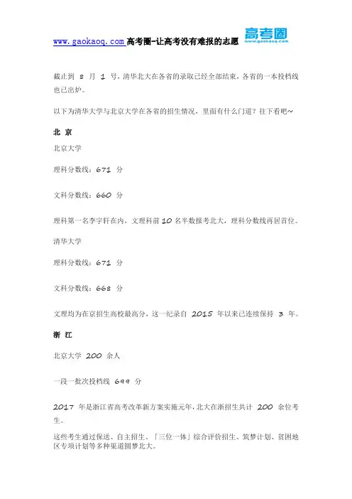 北大清华在全国各地的录取线及录取人数