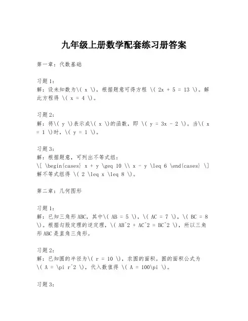 九年级上册数学配套练习册答案