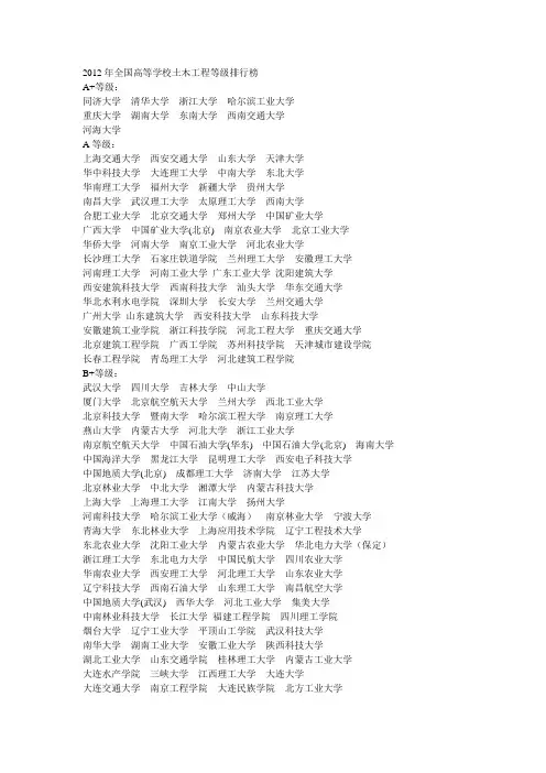 2012年全国高等学校土木工程等级排行榜