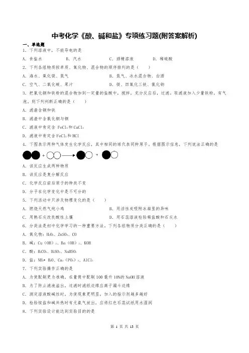 中考化学《酸、碱和盐》专项练习题(附答案解析)