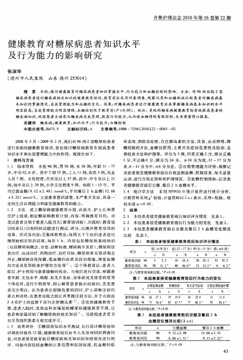 健康教育对糖尿病患者知识水平及行为能力的影响研究