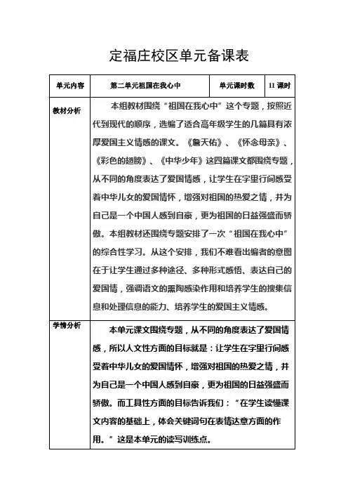 人教版六年级语文上册 第二单元备课表单元教学计划