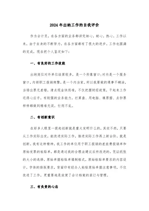 2024年出纳工作的自我评价（三篇）