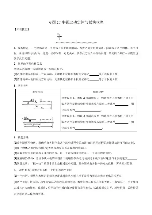 2023年高考小专题复习学案 专题17牛顿运动定律与板块模型