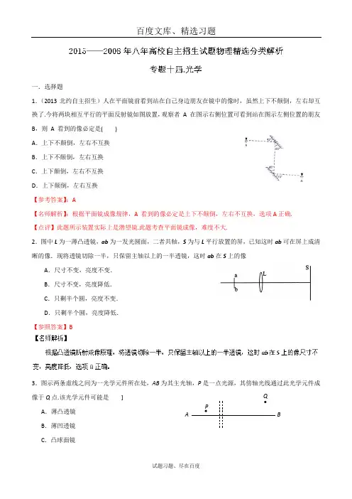 八年(2008-2015年)高校自主招生试题物理精选 专题14 光学  含解析