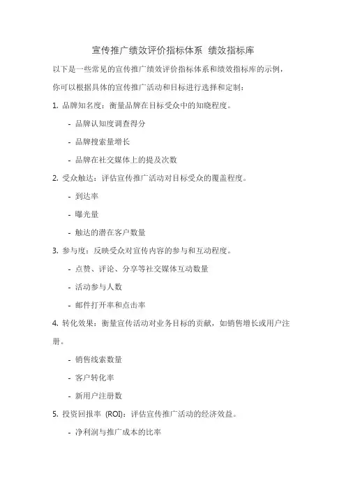 宣传推广绩效评价指标体系 绩效指标库
