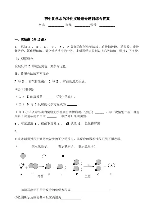 初中化学水的净化实验题专题训练含答案