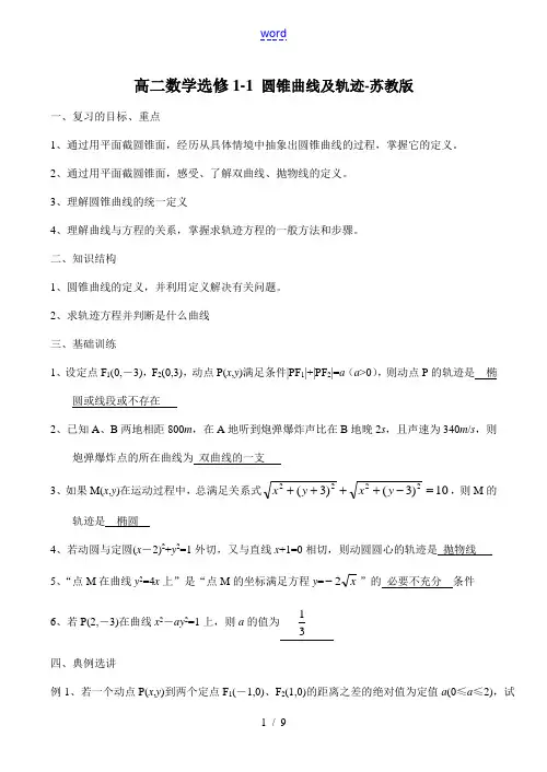 高二数学选修1-1 圆锥曲线及轨迹-苏教版 教案