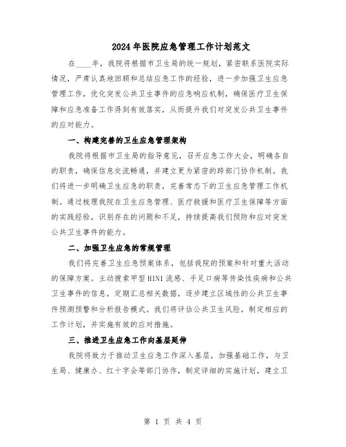 2024年医院应急管理工作计划范文（二篇）