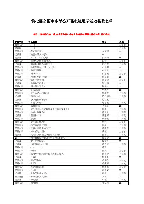 第七届全国中小学公开课电视展示活动获奖名单