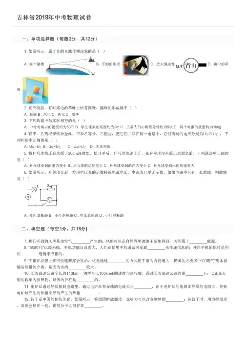 吉林省2019年中考物理试卷及参考答案