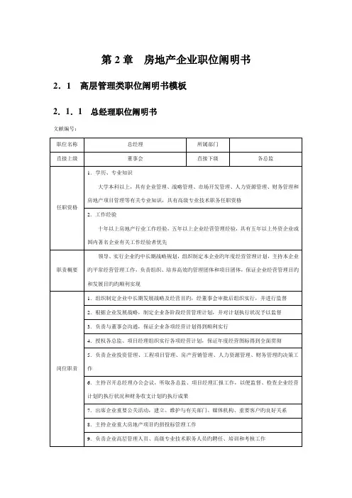 房地产企业职位说明书