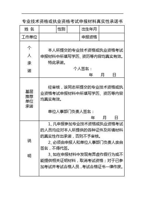 专业技术资格或执业资格考试申报材料真实性承诺书