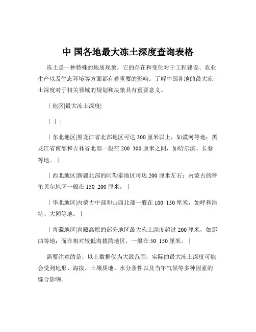 中 国各地最大冻土深度查询表格