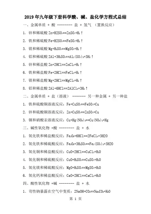 酸碱盐化学方程式大全