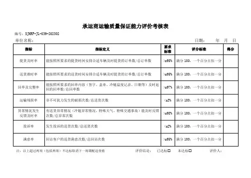 药品批发承运商运输质量保证能力评价考核表