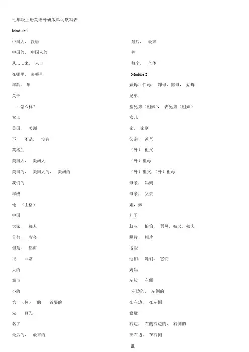 七年级上册英语外研版单词默写表