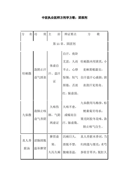中医执业医师方剂学方歌：固涩剂