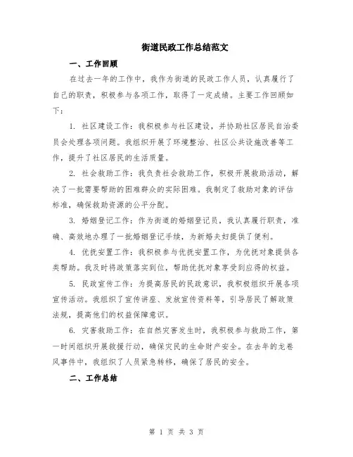 街道民政工作总结范文
