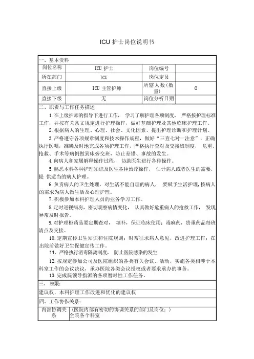 ICU护士岗位说明书