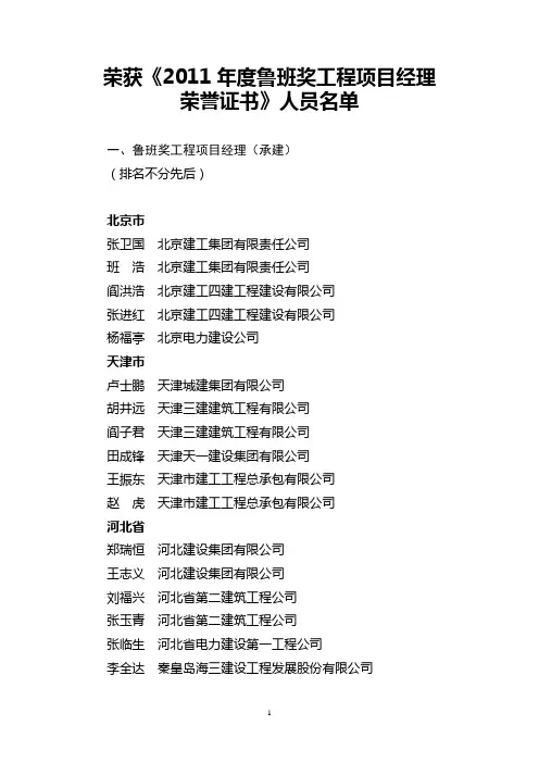 2011年鲁班奖工程项目经理荣誉证书