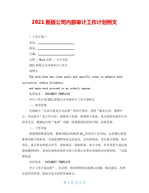 2021新版公司内部审计工作计划例文