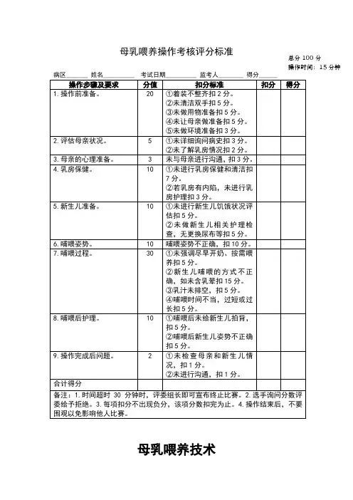 母乳喂养操作考核评分标准