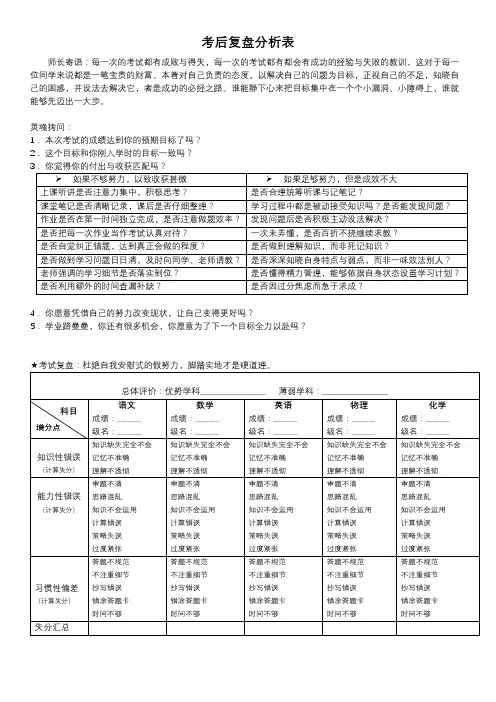 考后反思总结表